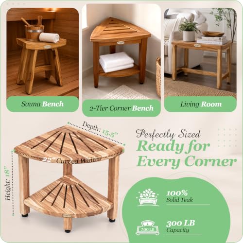 EcoDecors 18" Corner Teak Shower Bench with Shelf, Waterproof - Image 3