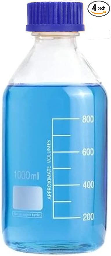 Lab Media Storage Round Bottles Graduated Glass Container GL45 Screw Cap Leakproof Multi-Purpose for Scientific | pack of 4 (Blue,1000ml)