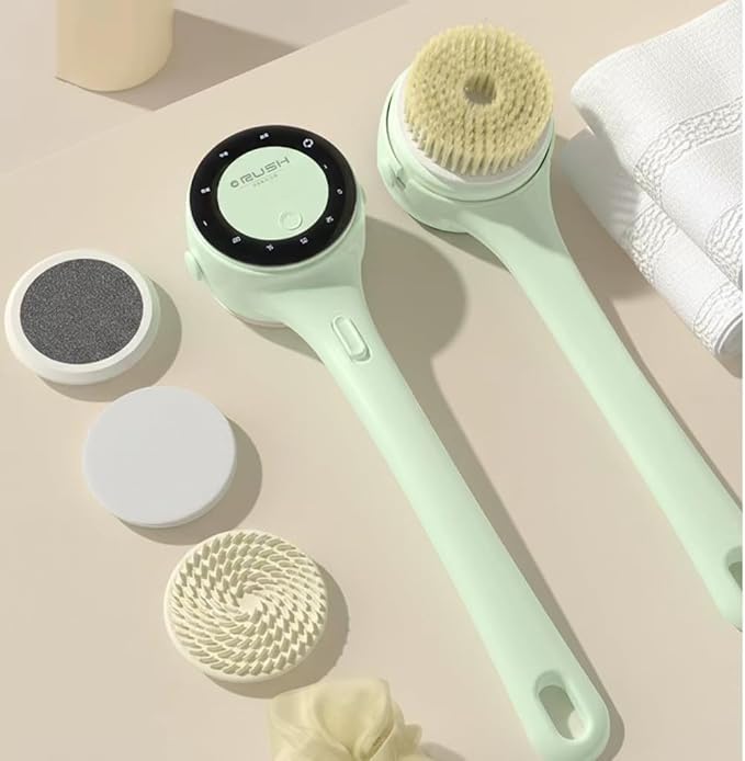 Electric Body Brush Back Scrubber for Shower, Rechargeable Long Handles Bath Brush with 5 Replaceable Heads, 3 Speed Adjustable and Lcd Display Shower Brush for Deep Cleansing, Exfoliating & Massage