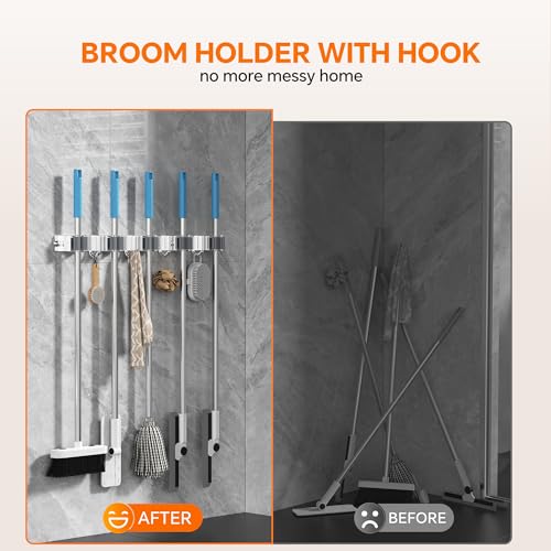5 Grippers Broom Holder Wall Mount with 4 Hooks Stainless Steel - Image 3