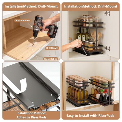 Pull Out Spice Rack 2Pcs Metal & Wood Seasoning Organizer Black - Image 7
