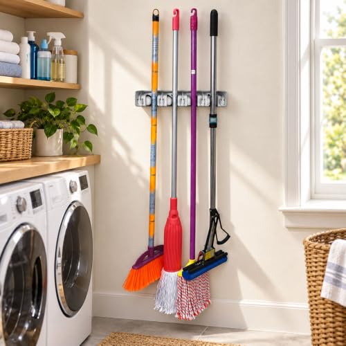 Home Basics Broom Organizer and Mop Wall Mount 5 Slot Utility - Image 3