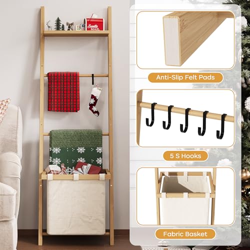 63" Bamboo Blanket Ladder with Shelf, Fabric Storage - Image 4
