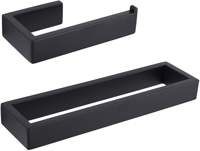 GERZWY Bathroom Accessory 2-Piece Set SUS 304 Stainless Steel Toilet Paper Holder Towel Ring Wall Mount, Matte Black HG1708-2BK