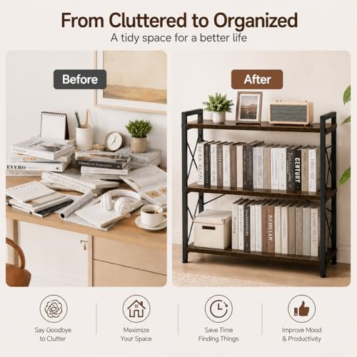 3 Tier Bookshelf, 32 x 36" Industrial Bookcase with Strong Metal - Image 6