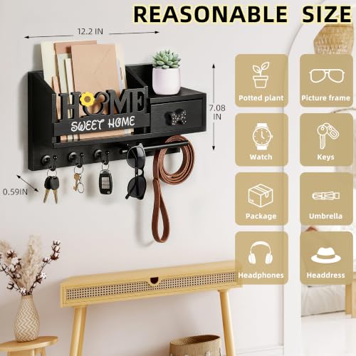 Key Holder Wall Mount with 3 Hooks and Storage Drawer - Image 3