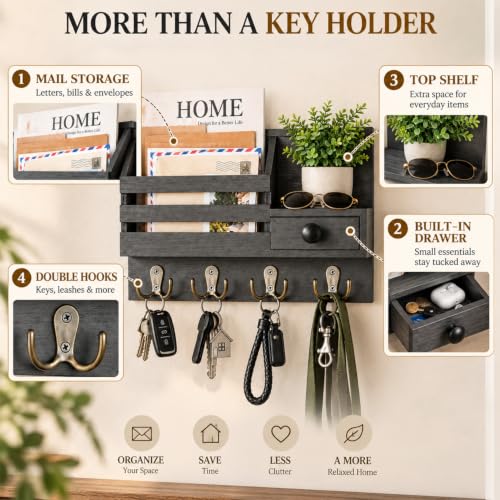 Key Holder Wall Mount with Mail Organizer, Drawer | Home Organization - Image 4