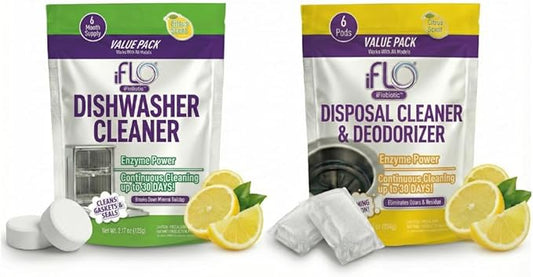 iFLO Dishwasher Cleaner Tablets & Foaming Garbage Disposal Cleaner Pods with iFLOBiotic – Bundle for Deep Cleaning & Odor Removal, and Freshness - (6 Pack each)
