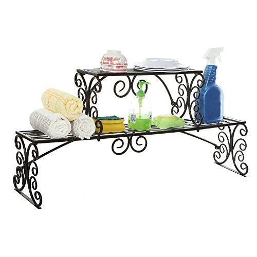 MyGift Black Metal Over Sink Shelf with Scrollwork Design, 2 Tier - Image 2