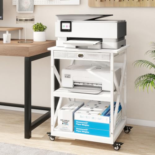 Large Printer Stand with Storage Mesh Drawer,22"W x 19.7"D,White - Image 2