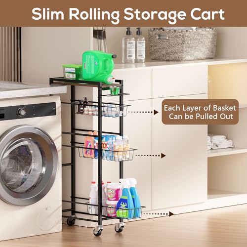4 Tier Slim Rolling Storage Cart with Pull-Out Baskets, Narrow - Image 3