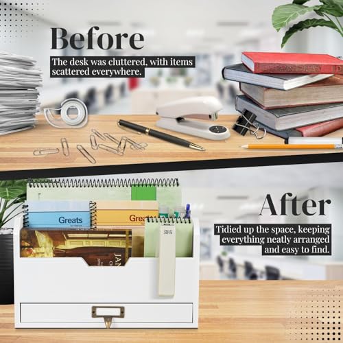 Flexzion Wood Desk Organizer, 3-Tier Mail Organizer with Drawer - Image 6