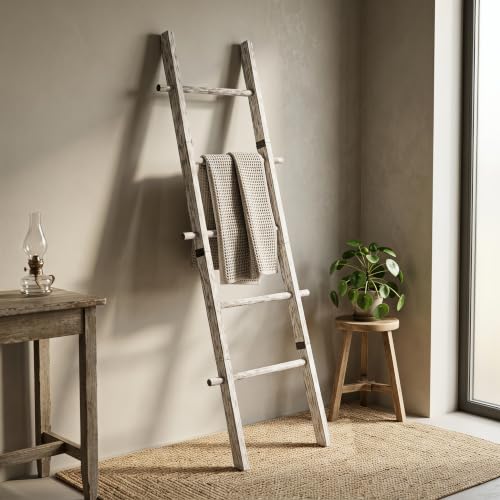 Solid Wood Blanket Ladder, 5-Tier Towel Rack with Hooks - Image 4