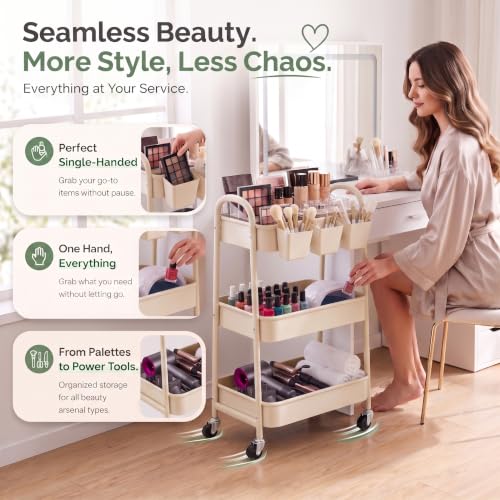 Beige 3 Tier Rolling Cart Metal with Wheels,Tan Thre | All Products - Image 7