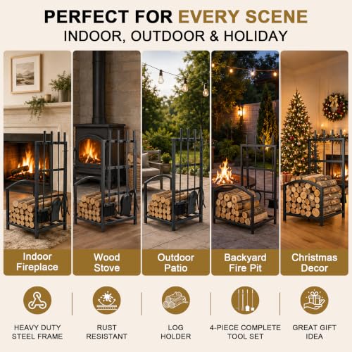 Fireplace Tools Set with Log Rack Holder, Heavy-Duty Steel Frame - Image 7