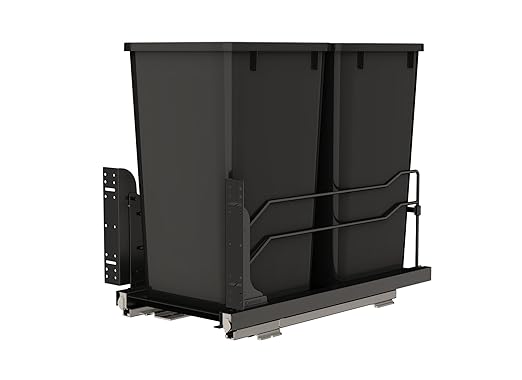 Rev-A-Shelf 27 Qt Double Pullout Under Cabinet Kitchen Trash Cans w/Soft-Close Slides for 15” Base Cabinets, Black, 53WC-1527SCDM-218 - Container Bins for Waste Management