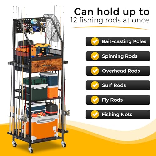 Fishing Rod Holder Organizer with Fabric Drawer & Pegboard - Image 5