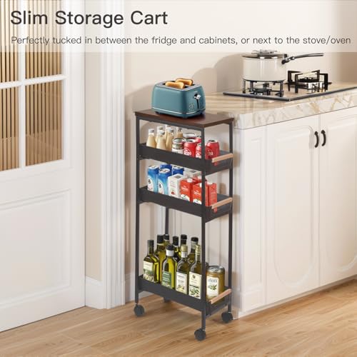 5 Tier Narrow Slim Rolling Cart Wood Top Storage Cart Black - Image 3