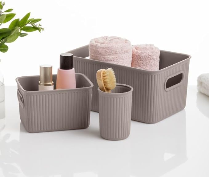 Decorative Plastic Basket Lidded Home Storage Bins Organizer Baskets, Medium Taupe (1 Pack - 5 Liter) Stackable Container Box, for Organizing Closet Storage Bins for Shelves - Ribbed Collection