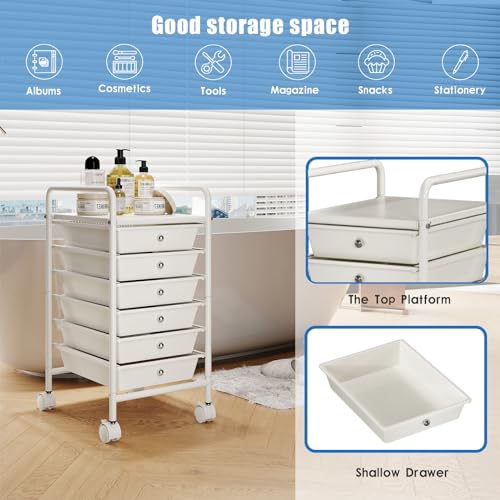 Rolling Storage Cart with Drawers 6-Tier Lock Wheels Office White - Image 5