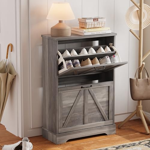 Farmhouse Shoe Storage Cabinet with 2 Flip Drawers | Home Organization - Image 5