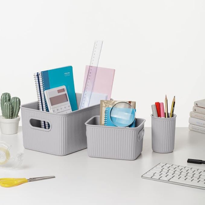 Decorative Plastic Basket Lidded Home Storage Bins Organizer, X-Large White Smoke (1 Pack - 22 Liter) Stackable Container Box, for Organizing Closet Storage Bins for Shelves - Ribbed Collection