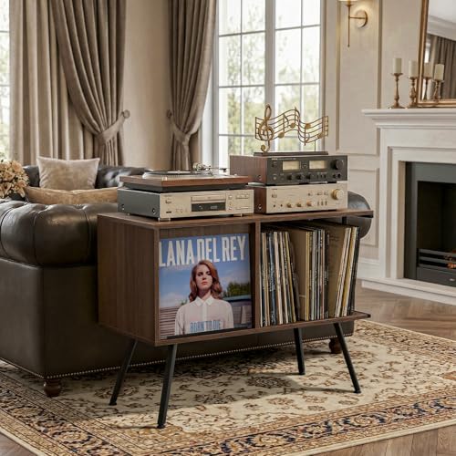 Record Player Stand with Flip-Down Record Shelf, Walnut - Image 3