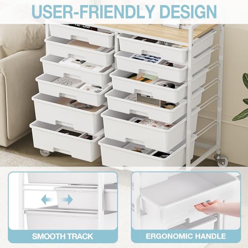 TOOLF 12 Drawers Rolling Storage Cart with Wooden Top - Image 6