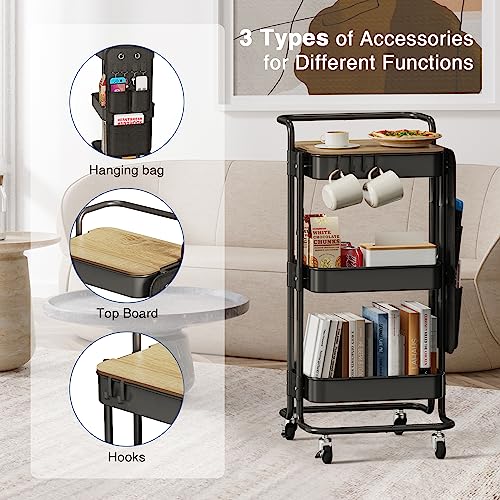 DTK 3 Tier Metal Utility Rolling Cart with Table Top and Side - Image 6
