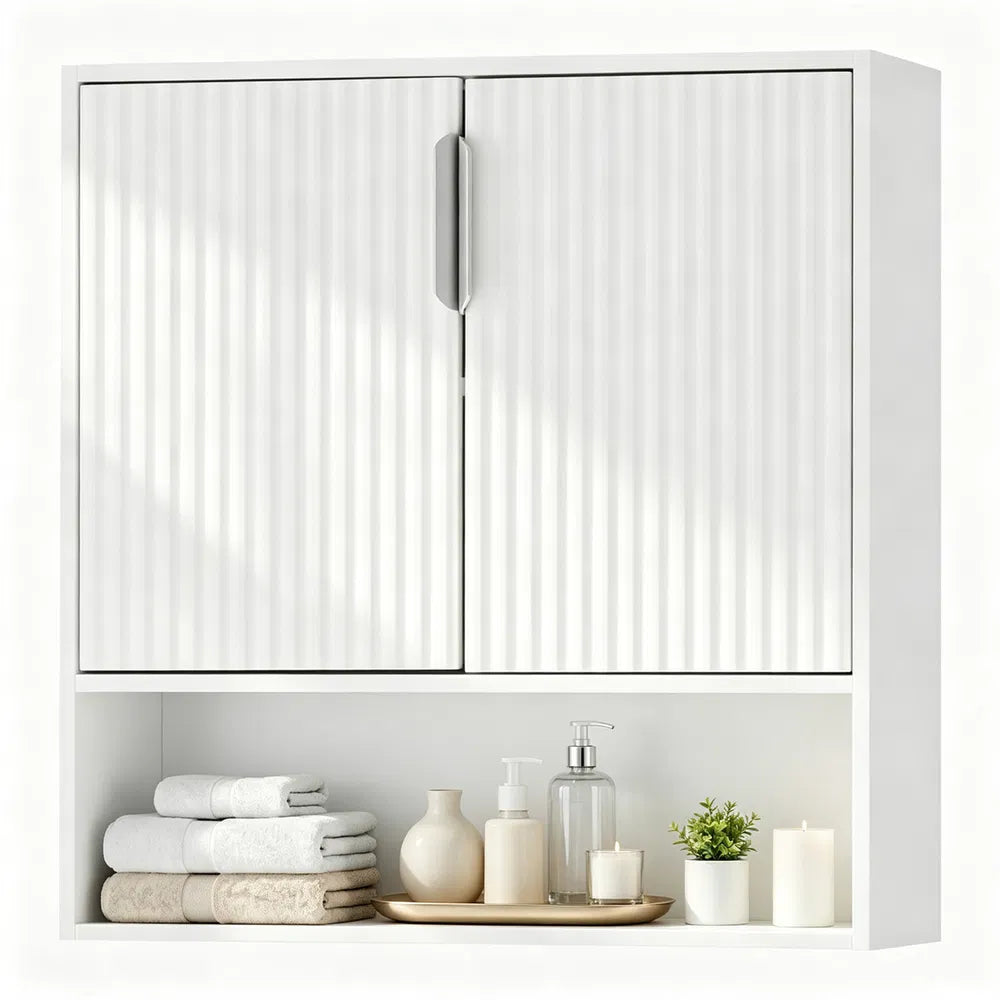 Wall Mounted Bathroom Cabinet, Modern Fluted Panel Storage Cabinet with Adjustable Shelf, 2-Door MDF Medicine Cabinet for Bathroom Kitchen Laundry Room Organization - Image 10