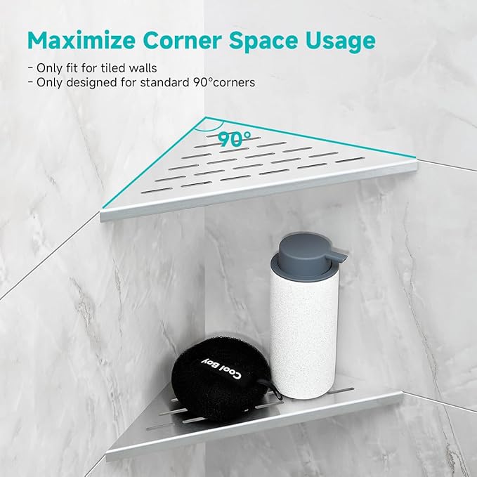 2-Pack 10" Wall Mounted Corner Shower Shelf - No Drilling Recessed Bathroom Shelves, Triangular Shower Caddy Organizer, Rustproof Stainless Steel Shower Shelves for Tiled Walls(Brushed)