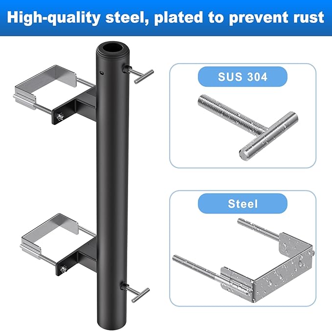 BeneLabel Patio Umbrella Holder for Deck Railing No Drill Deck Umbrella Clamp Mount Fits 1"-2" Umbrella Poles Space Saving Design Umbrella Holder for Deck Balcony Garden Poolside Railing