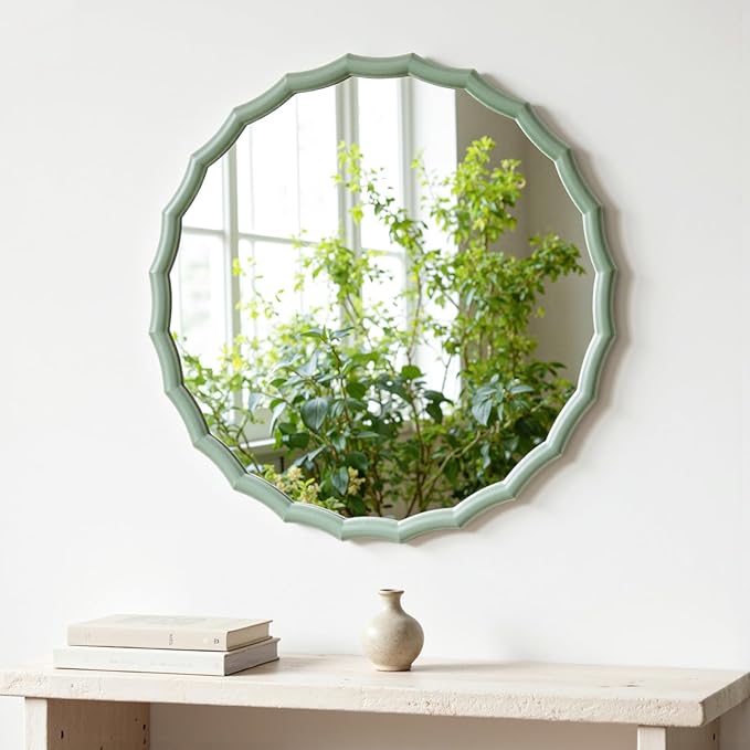 24" Green Scalloped Circle Mirror, Round Wavy Edge Mirror, Farmhouse Wood Frame Vanity Mirror Decorative for Bathroom Bedroom Living Room Home House Office Entryway