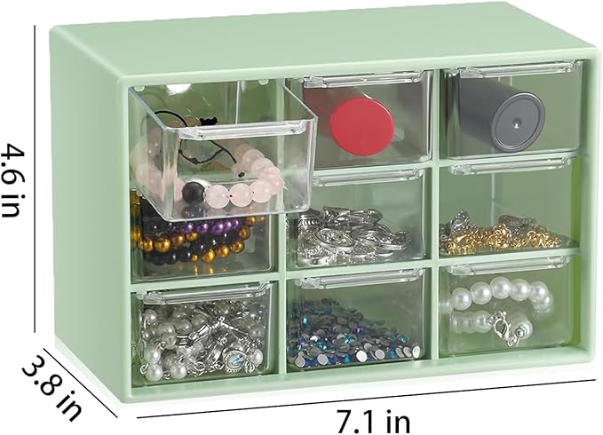 Small Drawer Organizer for Desk, 7.1" x 3. 8" x 4.6" Mini Desktop Drawer Organizer with 9 Clear Drawers, Plastic Desktop Craft Storage Box for Desk Office School Home (Green)