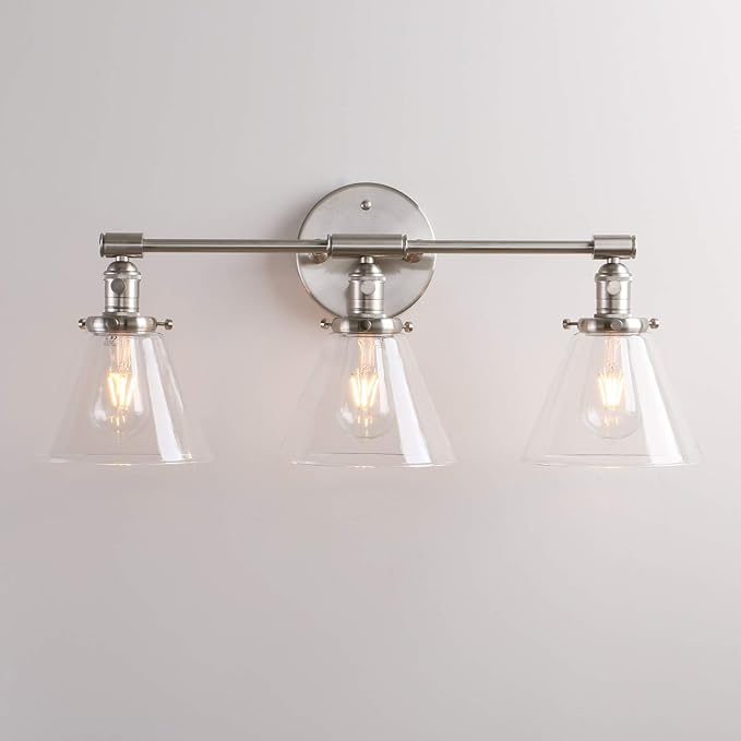 Permo Vintage Industrial Antique Three-Light Wall Sconces with Funnel Flared Clear Glass Shade (Brushed)