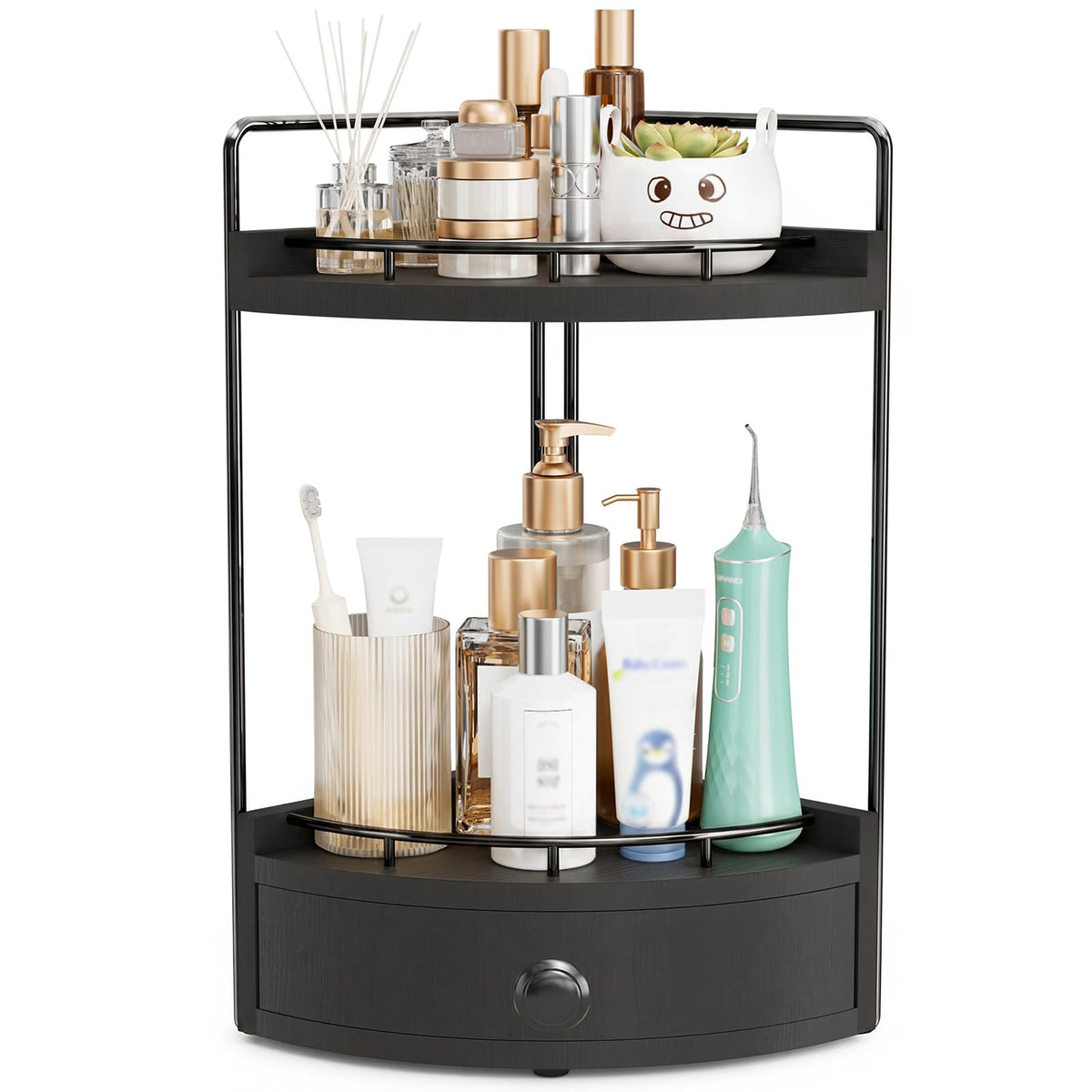 2-Tier Corner Bathroom Counter Organizer with Drawer, Black - Image 1