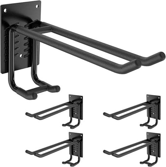 4 Pack Garage Hooks Heavy Duty 10 INCH Double-Layer Steel Shed Wall Mount Workshop Garage Storage Organizer Hooks for Hanging Garden Tool, Hose, Ladder, Chairs, Bikes with Anti-Slip Coating