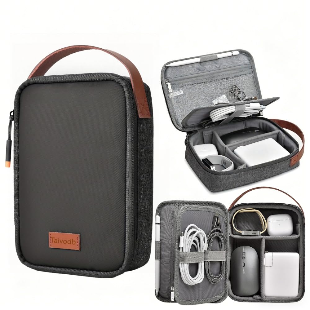 Tech Pouch 8.3" Cable Organizer, Leather Handle EDC Bag - Image 1