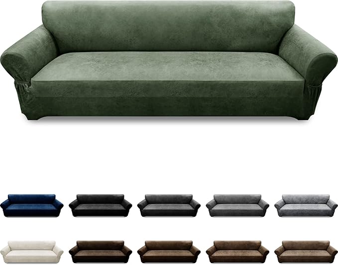 Oversized Sofa Slipcover Leather Look Couch Cover for 4 Seater Sofa 1-Piece Sofa Cover Stretch Furniture Protector with Elastic Bottom & Pockets(XL Sofa, Army Green)