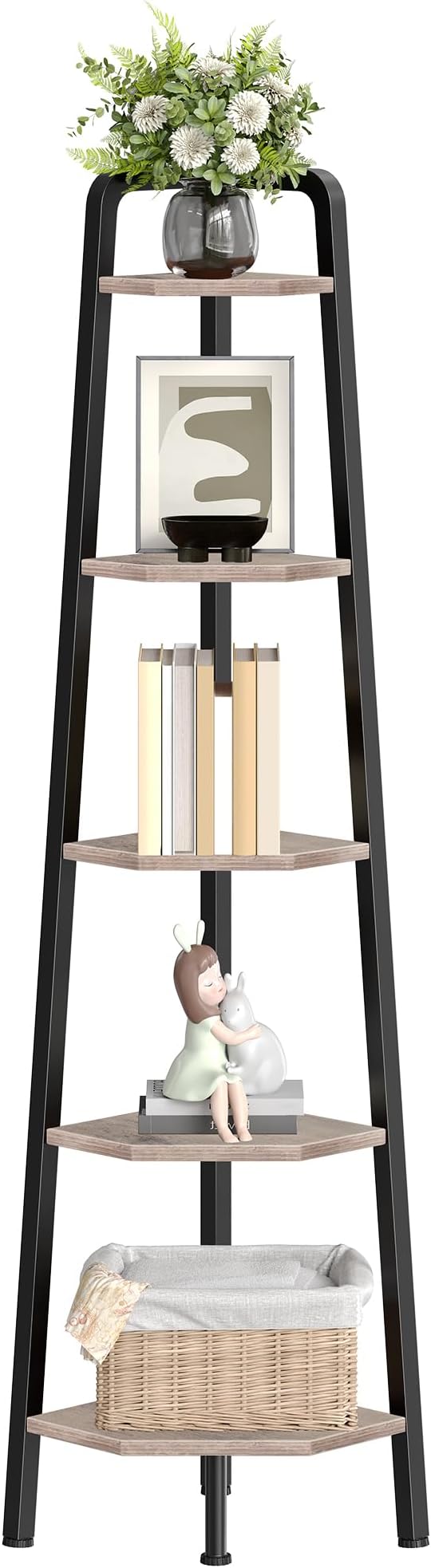 Corner Shelf, 5-Tier Ladder Corner Shelf, Ladder Bookshelf, 59.6" Tall Vertical Display Stand, Metal Frame Bookshelf, for Living Room, Bedroom, Kitchen, Greige and Black TCJ20BG
