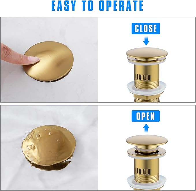 JONKEAN Bathroom Pop Up Drain with Overflow,Vanity Vessel Sink Drain with Detachable Basket,Pop Up Drain Stopper Hair Catcher, Built-in Anti-Clogging Strainer (Brushed Gold, with Overflow)
