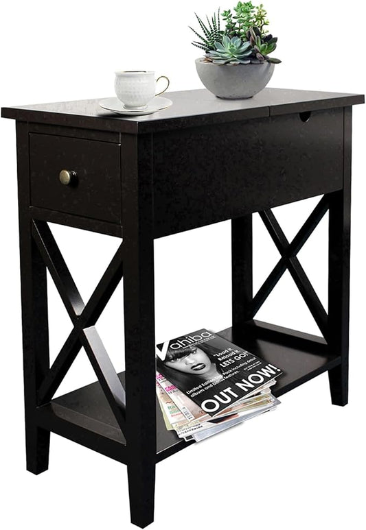 ChooChoo End Table, Flip Top Narrow End Table with Drawer, Accent Small Side Table Nightstand for Living Room, Bedroom, and Small Spaces, Black