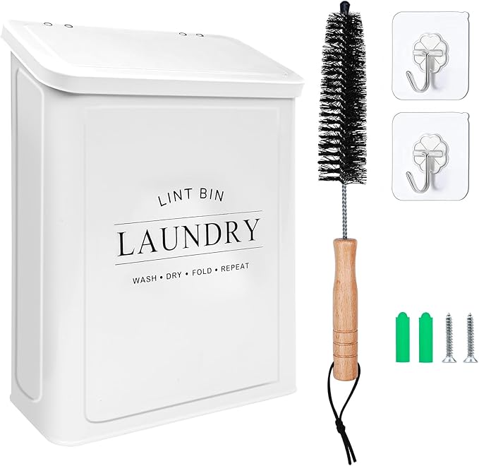Magnetic Lint Bin with Lint Brush for Laundry Room Decor Farmhouse Rustic Metal Wall Mounted Lint Box Holder Keeper Organization Lint Trash Can with lid for Dryer