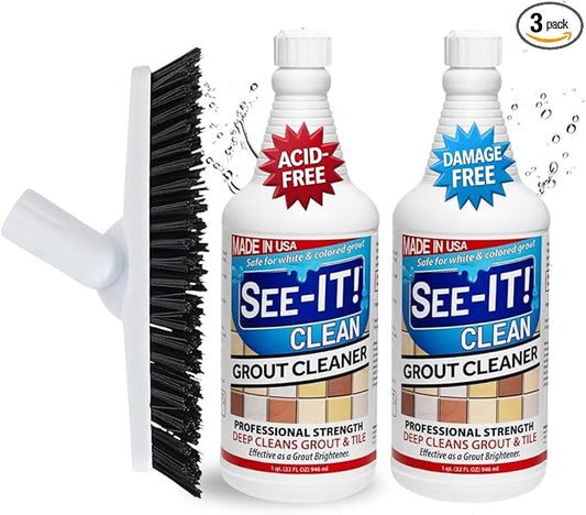Grout & Tile Deep Cleaner Brightener & Heavy-Duty Stain Remover Acid-Free Safe for Ceramic, Porcelain, Marble, Stone - Two 32 fl. oz. Bottles with Floor Cleaning Brush