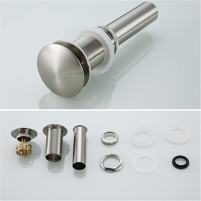 Pop Up Drain Assembly Brushed Nickel,Bathroom Sink Drain with Removable Brass Strainer Basket Without Overflow Vessel Basin Sink Drain Stopper,83606BN.