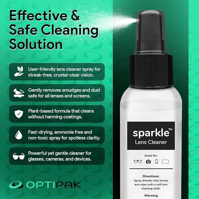 Sparkle Anti-Reflective Lens Cleaner Spray with Microfiber Cloth for Eyeglasses, Sunglasses, Lenses, Screens, Tablets & Binoculars - Ammonia Free And Streak Free (Black/8oz 1Pk)