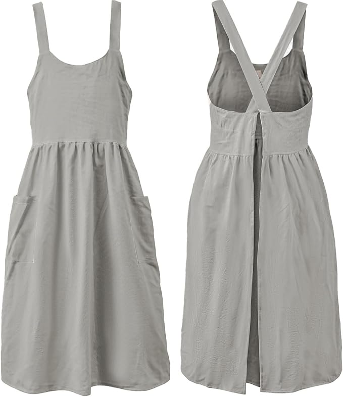 Uaussi Cotton Linen Apron Cross Back Work Apron for Women with Pockets Pinafore Dress X Cross Halter Apron for Chef Gardening