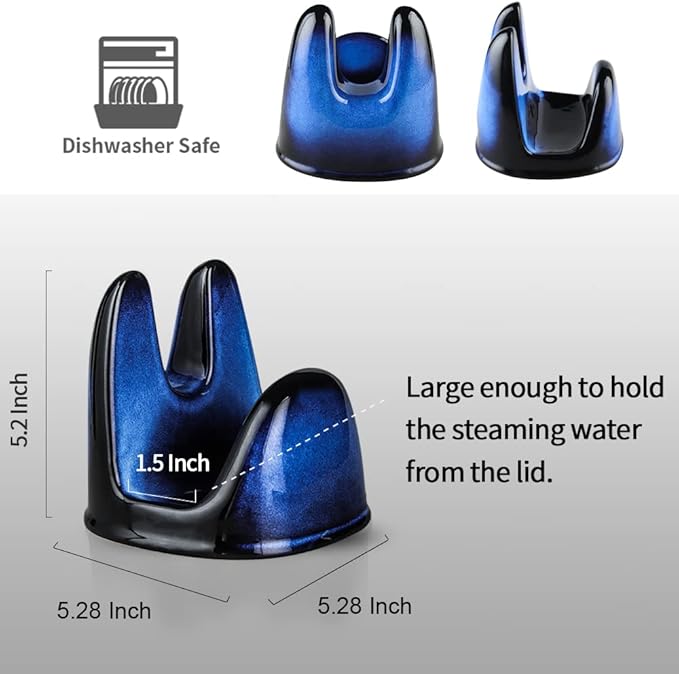 Nihow Pot Lid Holder: Stable Ceramic Pan Lid Holder for Kitchen Counter Decor/Countertop/Stove Top- Heat Resistant & Dishwasher Safe - Elegant Black & Blue Set of 2