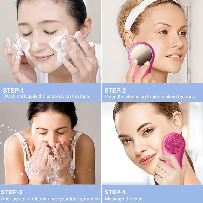 Rechargeable Electric Facial Cleansing Brush – Silicone Face Scrubber with Vibrating Technology for Deep Cleansing & Exfoliation, Waterproof, Gentle on Skin, Suitable for Men & Women (red)