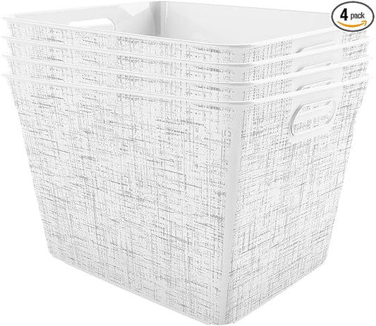 Curver Set of 4 Large V Baskets Decorative Plastic Organization and Storage Basket, White with Tweed Pattern
